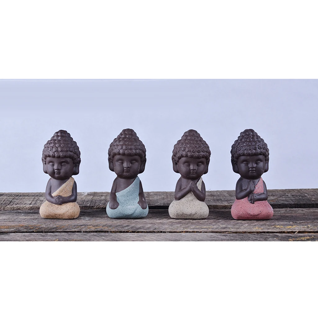 4 Pieces Traditional Little Statue Monk Tea Pet Decoration on Your KungFu Tray Meditation Accessories for Zen Garden Sand Decor