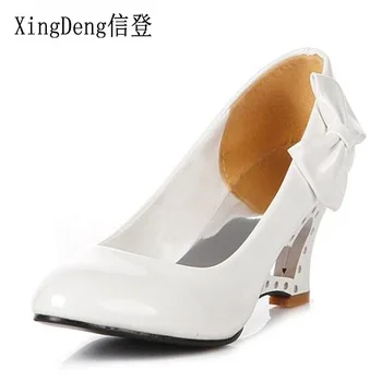 

XingDeng Fashion Women Round Toe Sweet Bowknot Party High Heel Shoes Plus Size 34-43 Ladies Wedge Pumps Wedding Bridal Shoes