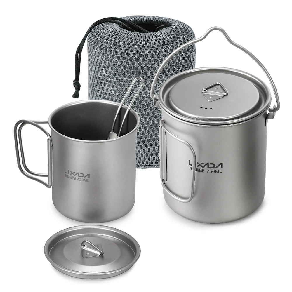 

Lixada 3 Pieces Titanium 750ml Pot Camping Tableware 420ml Water Mug Folding Spork Outdoor Camping Cookware Set Hiking Picnic