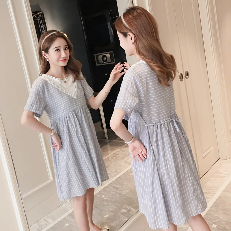 

2019 summer new Korean short-sleeved striped breastfeeding pregnant women dress striped stitching maternity dress