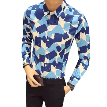

Fashion 2018 New Print Shirt Male Plus Size Casual Slim Fit Mens Red Blu Floral Shirts Long Sleeve Gentlemen Tuxedo 5XL-S
