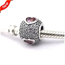 Подходит Пандора браслеты сердце проложить серебряные бусины с четким и розовым CZ стерлингового серебра 925 Подвески DIY Ювелирные изделия 09330