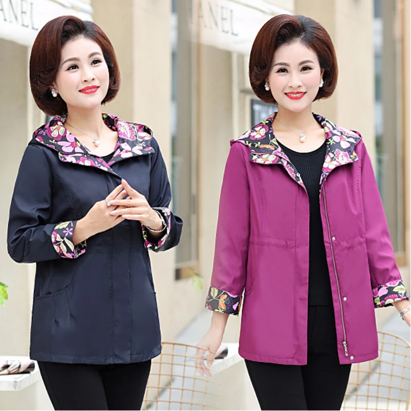 

casual jacket spring fall new middle age women windbreaker printed plus size hooded zipper coat mother clothes cortaviento mujer