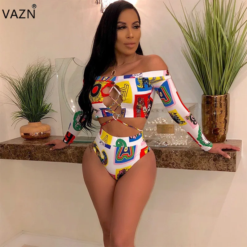 

VAZN 2019 summer fashion sexy women 2-pieces print set full sleeves slash neck shorts set colorful sunny beach style set XYZ3208