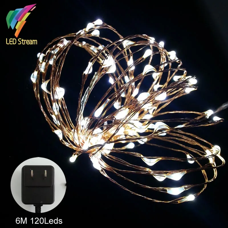 Copper wire 6M 120 leds String Light 100 240Vac Adapter 12V US Plug 20