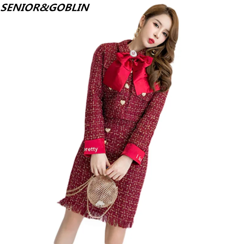 

New 2019 Autumn Runway Tweed 2 Piece Set Skirt Winter Women Red Bow Jacket Coat+High Waist Mini Tassel Pencil Wool Blend Suits