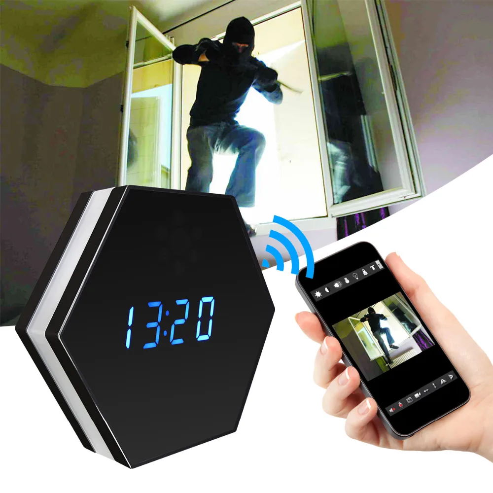 

Mini Camera Clock HD 1080P WiFi Smart Mirror Clock with Night Vision Two-Way Audio Motion Detection Colorful LED light