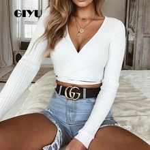 GIYU Ribbed Solid Wrap Short T Shirt Women Long Sleeve Tee Sexy Casual Basic Crop Tops Female Tie Up 2019 camiseta mujer GIYU Ribbed Solid Wrap Short T Shirt Women Long Sleeve Tee Sexy Casual Basic Crop Tops Female Tie Up 2019 camiseta mujer