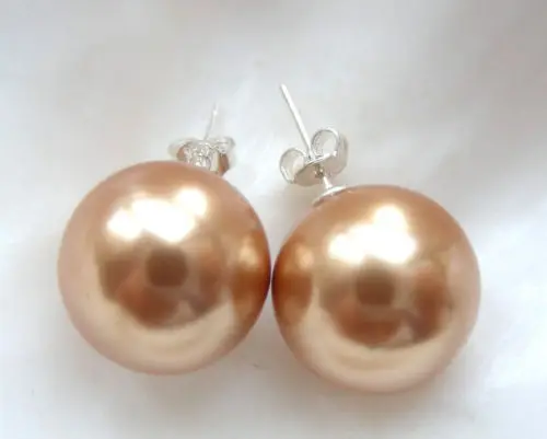 

hot sell new - Free shipping Wonderful 16mm round champagne south seashell pearls earrings 925s a0270