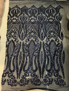 

French Net Lace Fabric 2018 Latest african guipure lace fabric with embroidery mesh tulle water royal blue cord Sequins lace