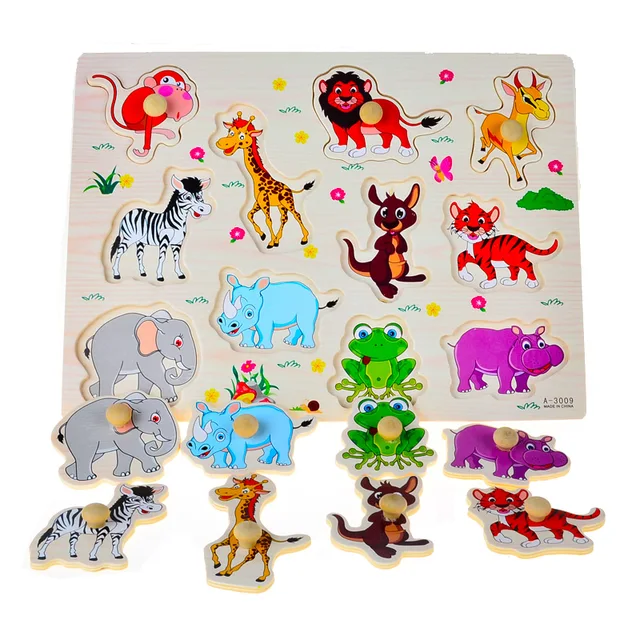 Hand Grasp Knob Pegged Puzzle Wooden Quality Numbers Animals Fruits