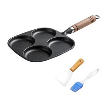 

4 Hole Thickened Cast Iron Omelette Pan Egg Hamburg Mould Nonstick DIY Breakfast Pancake Patty Cake Pie Maker & Oil Brush Shovel