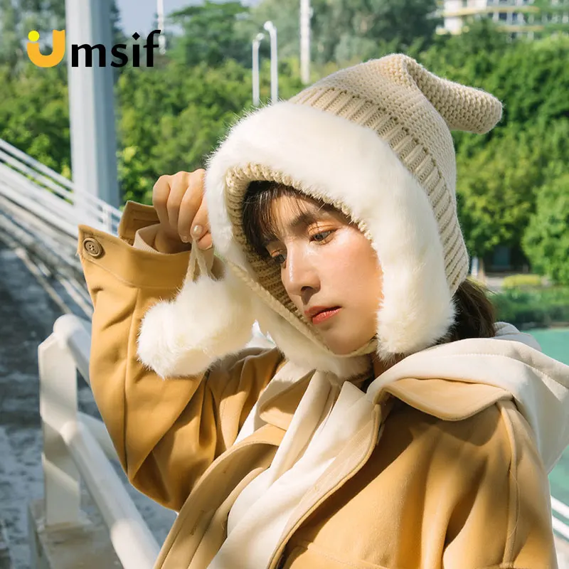 

2018 New Winter Knitted Beanies Hat For Women Thicken Warm Wool Pompoms Bomber Hats with Earflap Women's Ponpon Wizard Hat Cap