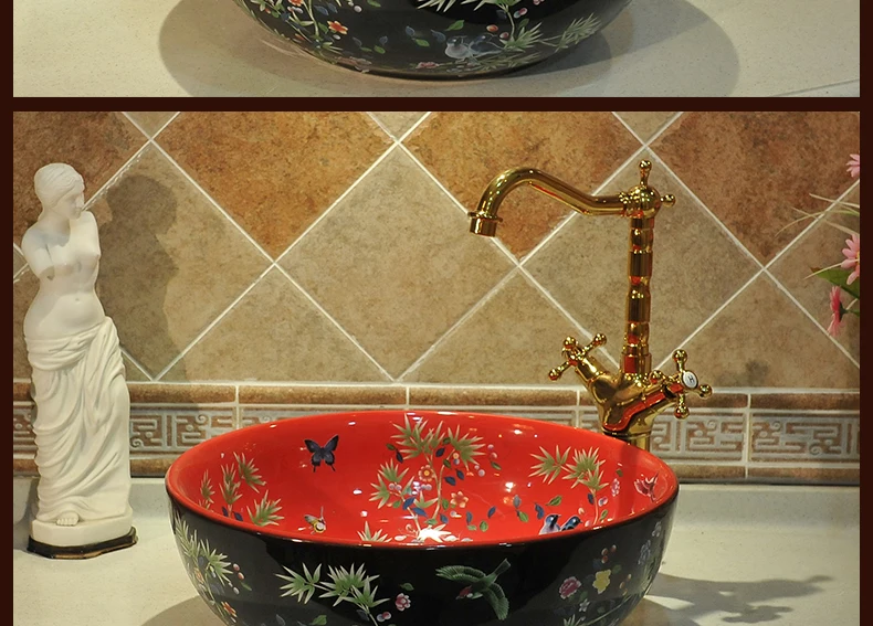 Counter Top porcelain wash basin bathroom sinks ceramic bowl wash basin flower and bird (4)