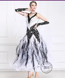 Настроить черный белый лоскутное фокстрот быстрый шаг бальных Танго современное Танго вальс-конкурс танцевальное платье с длинным рукавом