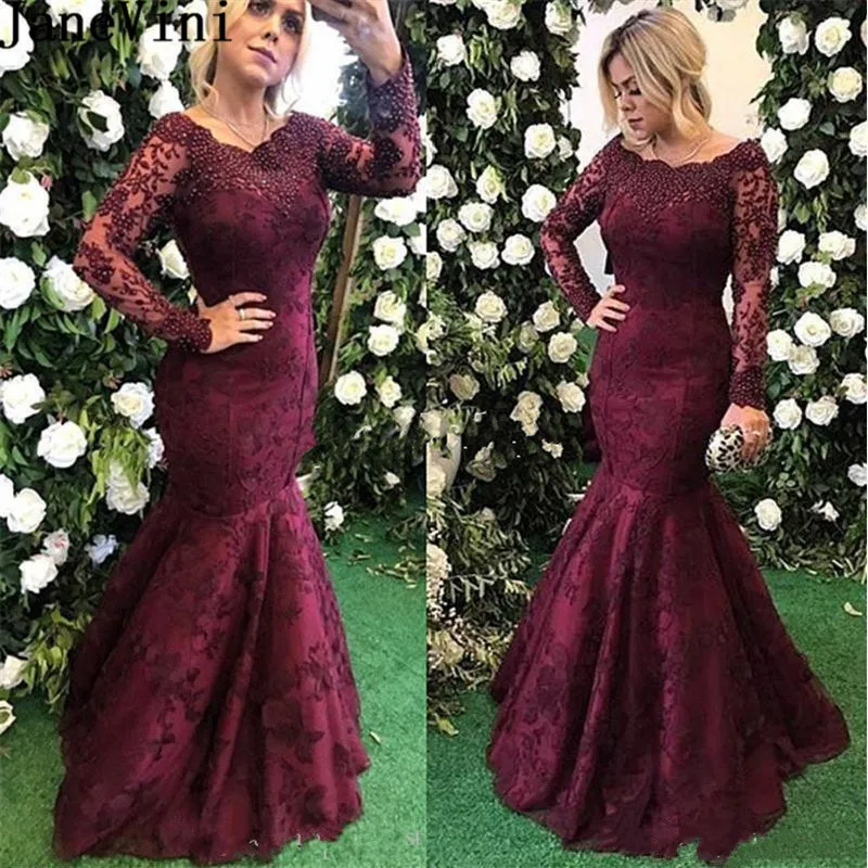 maroon lace long sleeve prom dress