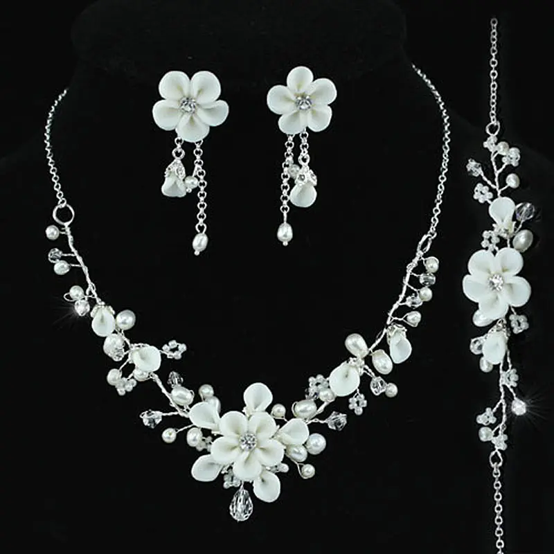 white flower wedding necklace bridal wedding white flower ceramic clay simulated pearl necklace bracelet earrings set white flower wedding necklace bridal wedding white flower ceramic clay simulated pearl necklace bracelet earrings set