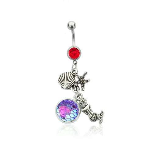 Body Piercing Jewelry with Silver Color Red Crystal Rainbow Scales Mermaid  Shaped Dangle Belly Button Ring for Unisex