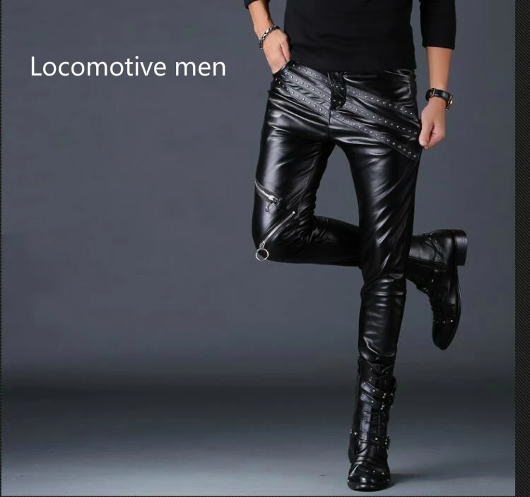 Новые модные мужские узкие брюки из искусственной кожи черные Поддельные молнии хип-хоп рок одежда мотоциклетные обтягивающие брюки уличные