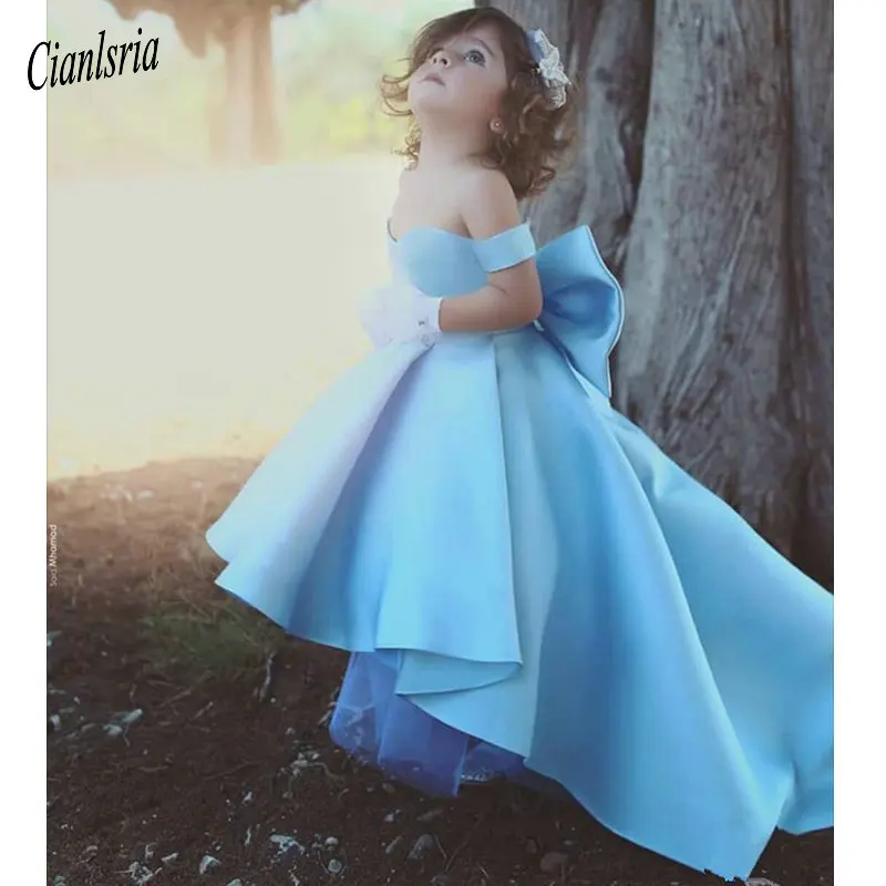 Небесно-голубое платье с цветочным узором для девочек, коллекция 2019 года, для свадьбы, бальное платье с открытыми плечами и бантом, длинные