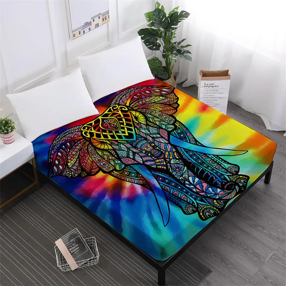 Animal Elephant Pattern Bed Sheet Colorful Tribal Fitted Sheets India Style Mattress Cover Elastic Band Soft