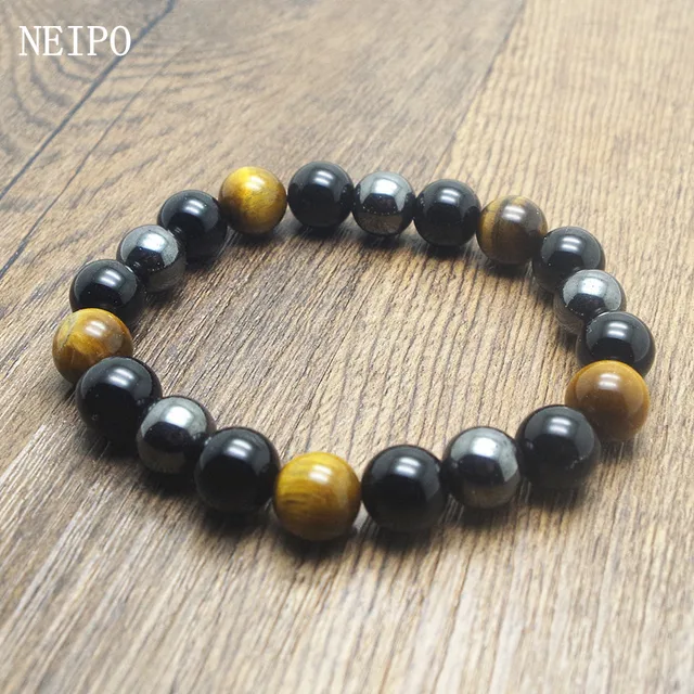 NEIPO 10mm Natural Stone Tiger Eye & Hematite & Black Obsidian Bracelet Handmade NEIPO 10mm Natural Stone Tiger Eye & Hematite & Black Obsidian Bracelet Handmade