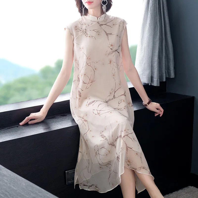 

2019 Summer New Women's Elegant Printed Outside Real Silk 100% Dress Luxury Chinese Style Loose Dresses P8184