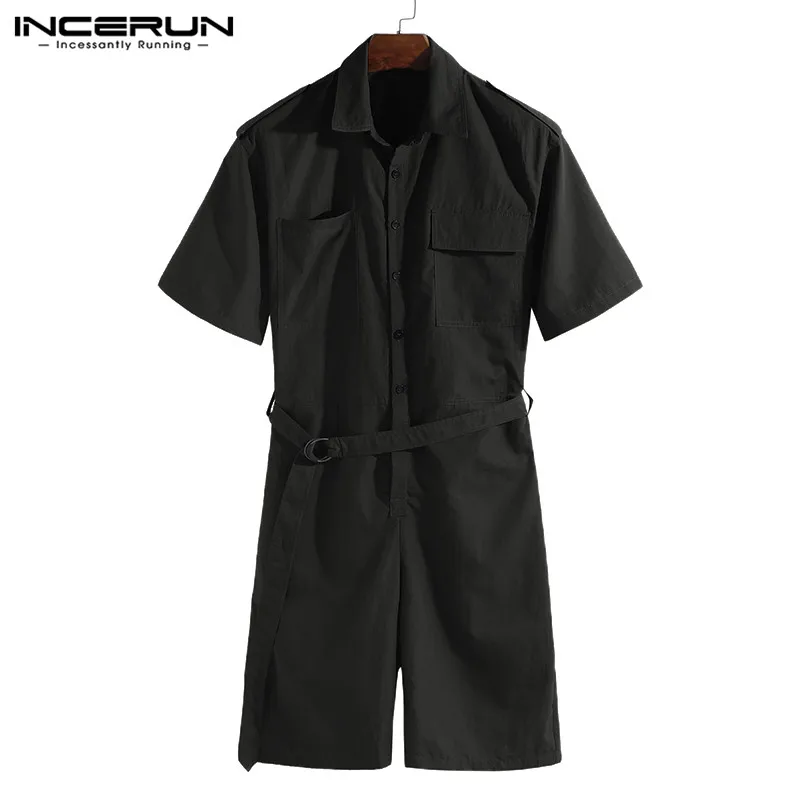Black INCERUN, модный мужской комбинезон с поясом, короткий рукав, уличная одежда, повседневный комбинезон, штаны, мужские карго комбинезоны Harajuku 5XL - Цвет: Black