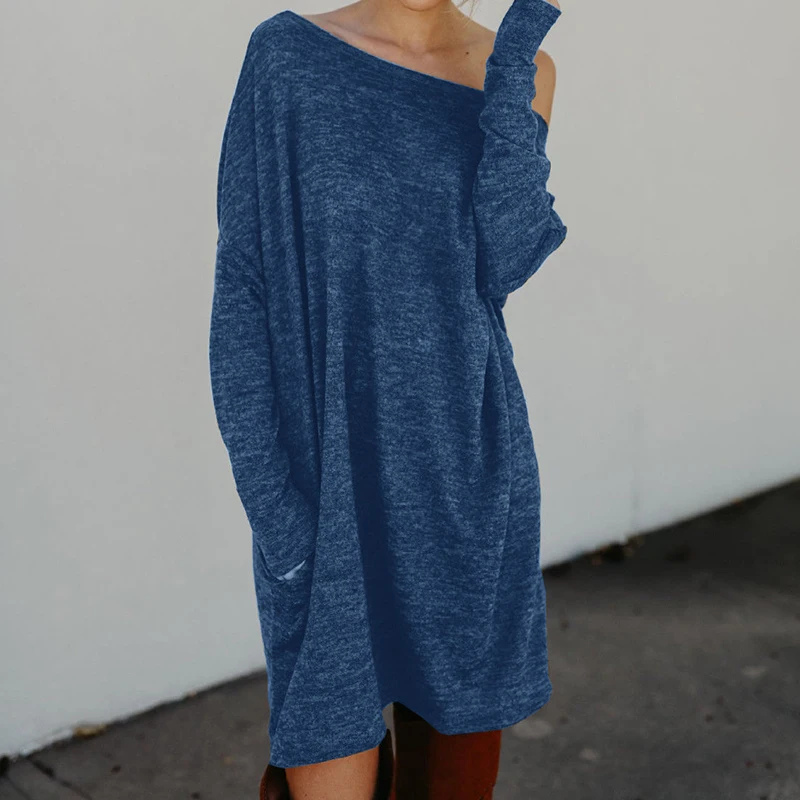 Knitted Winter Dress Mini Dresses For Women Tunic Vestidos Round Neck Long Sleeve Loose Casual Basic