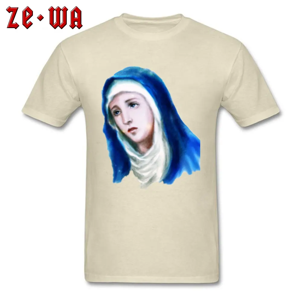 Fitted Men's T Shirt Virgin Mary Painting Printed On Tops Tees Pure Cotton Short Sleeve Classic T-shirts Crewneck Virgin Mary Painting beige