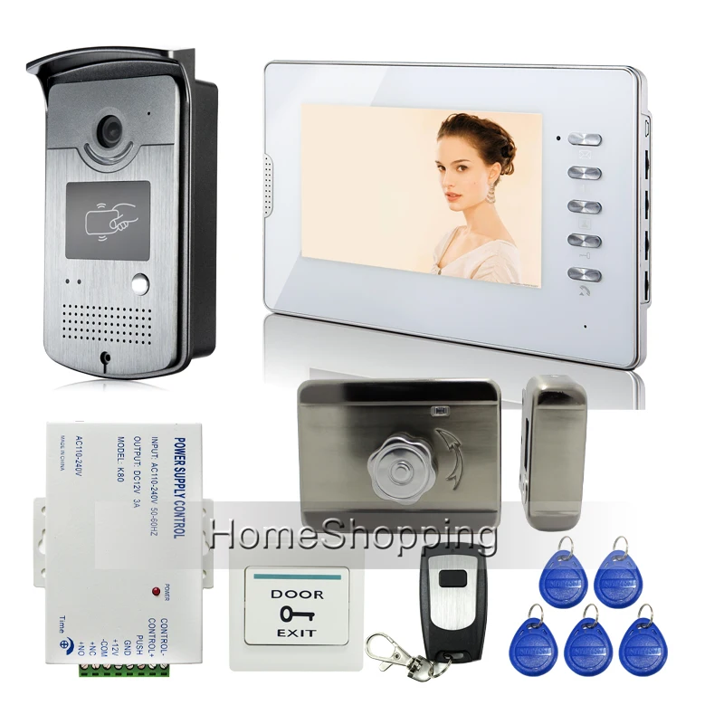 

New 7" Color Video Door Phone Intercom + 1 White Monitor + 1 RFID Access Bell Camera + Mute Electric Lock + Remote Free Shipping