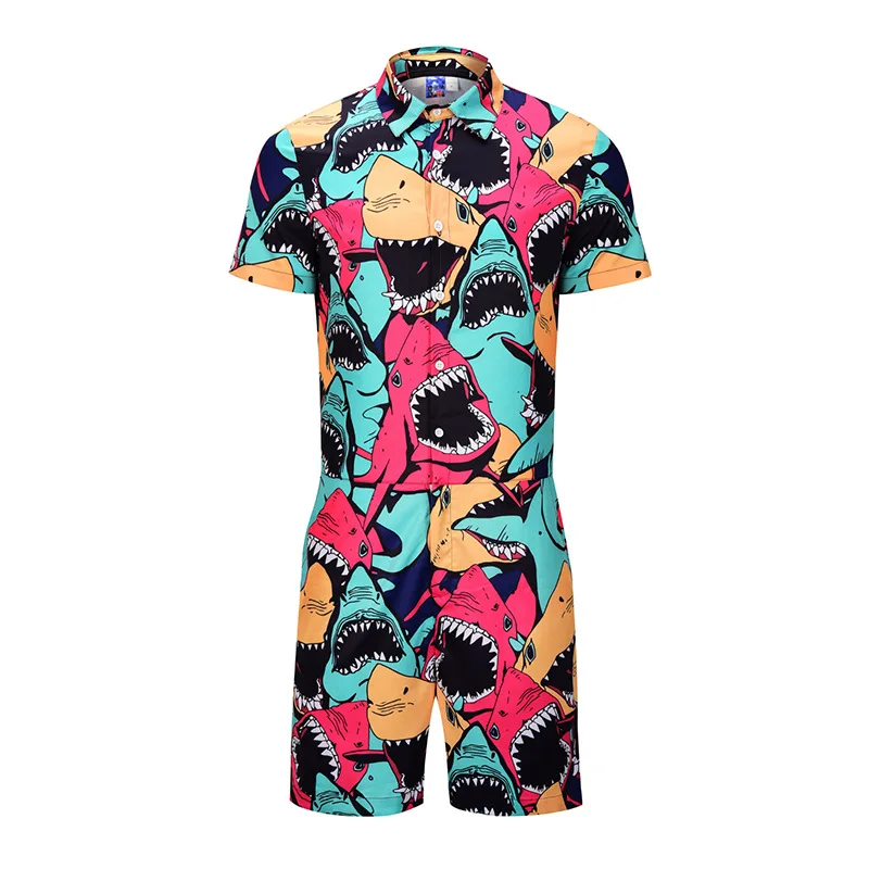 Plus Size Summer 2019 Men Set Button Rompers Jumpsuit Fashion Sumple Funny Streetwear Vintage Casual Summer Men Set Dropship