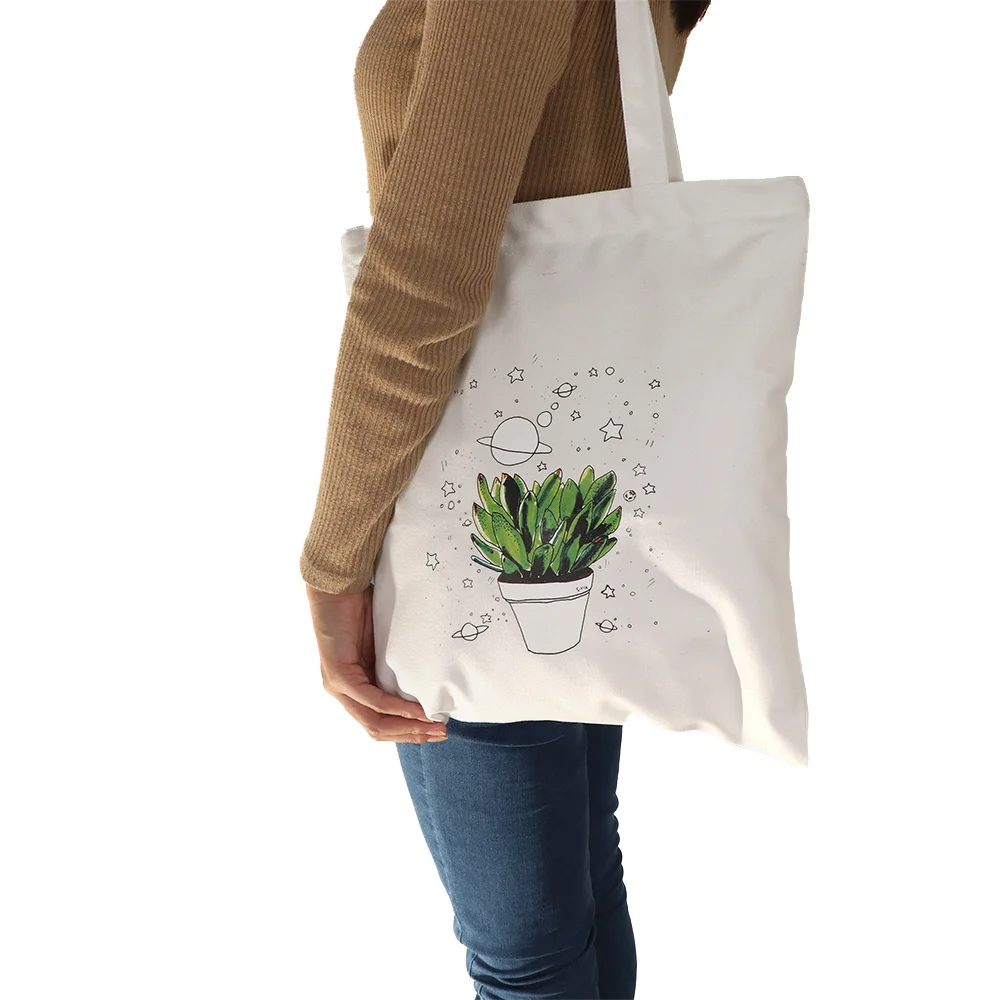 Белая и черная Повседневная парусиновая сумка с принтом растительного горшка, сумка через плечо для покупок, сумка для покупок, многоразовая сумка-тоут для женщин, школьная дорожная сумка