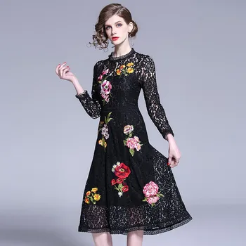 

2019 New Runway Summner Hollow Out Long Dress Fashion high quality Women Embroidery Lace Dresses Elegant Slim Vestidos robes
