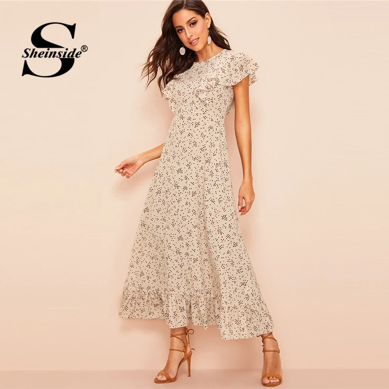 

Sheinside Ruffle Trim Floral Print Dress Apricot Fit and Flare Boho Maxi Dresses Women 2019 Summer Butterfly Sleeve A Line Dress
