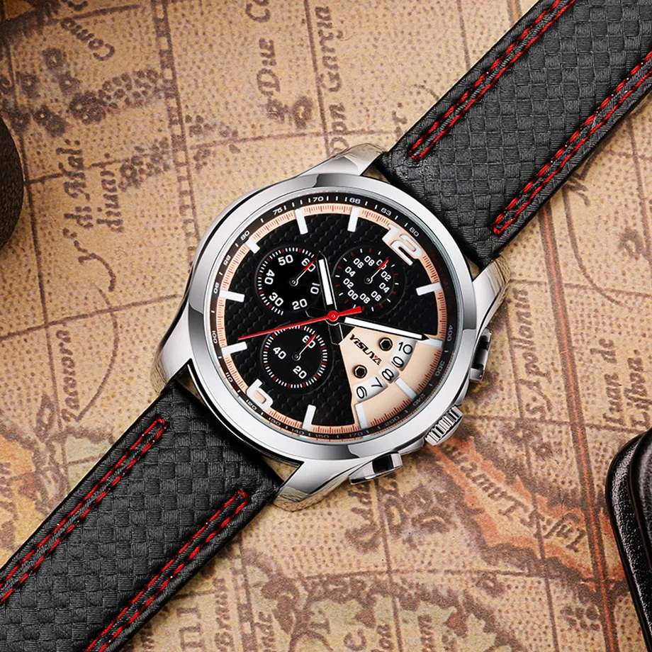 YISUYA Mens Watch Chronograph Military Pilot Sport Quartz-watch Red Snitch Date Day Calendar Mans Wristwatch Relogio Masculino (14)