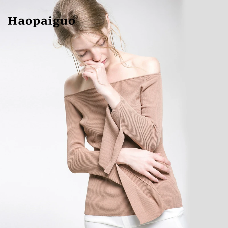 Elegant Off Shoulder Pullover Sweater Female Black Long Flare Sleeve Knitted Pullovers Women 2018 Winter Crop Top Jumper Pull