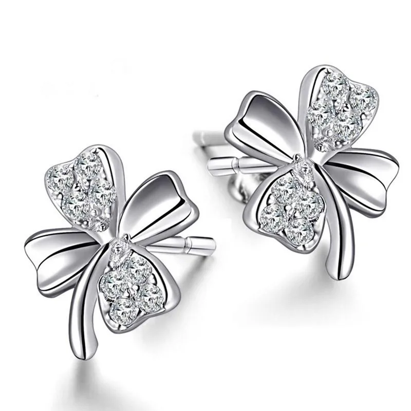 Earrings Female Woman Silver Color Cubic Zirconia Four Leaf Clover Earrings Female Woman Silver Color Cubic Zirconia Four Leaf Clover Stud Whole Cz Studs Oorringen In From Jewelry Accessories