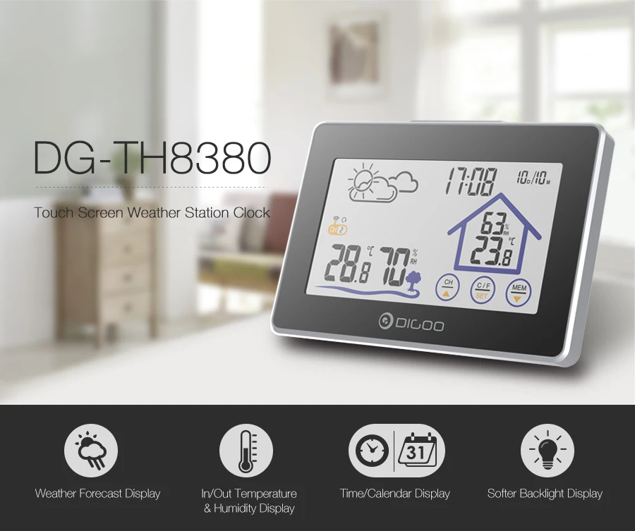 Digoo DG-TH8380, большой экран, метеостанция, термометр, датчик погоды в/наружный датчик с температурой, влажностью