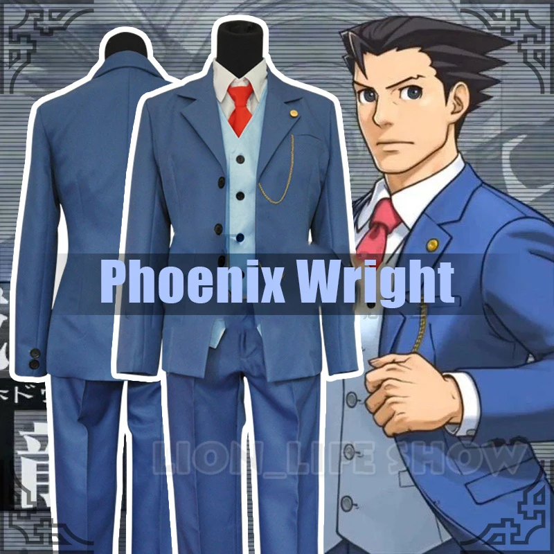 Gyakuten Saiban Ace Attorney Phoenix Wright Cosplay Costume Blue Lawyer Suit Ti