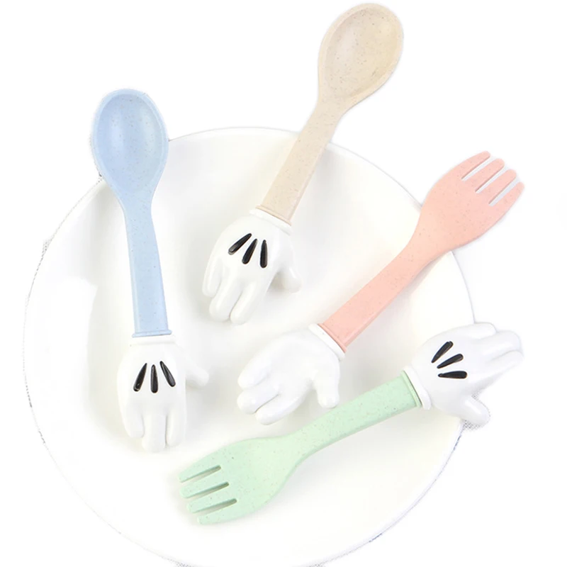 Children Fork and Scoop Cartoon Cutlery Dinner Tools Set Wheat Straw Mouse Glove Dinnerware Kids Soup Solid Tableware 4pcs | Дом и сад
