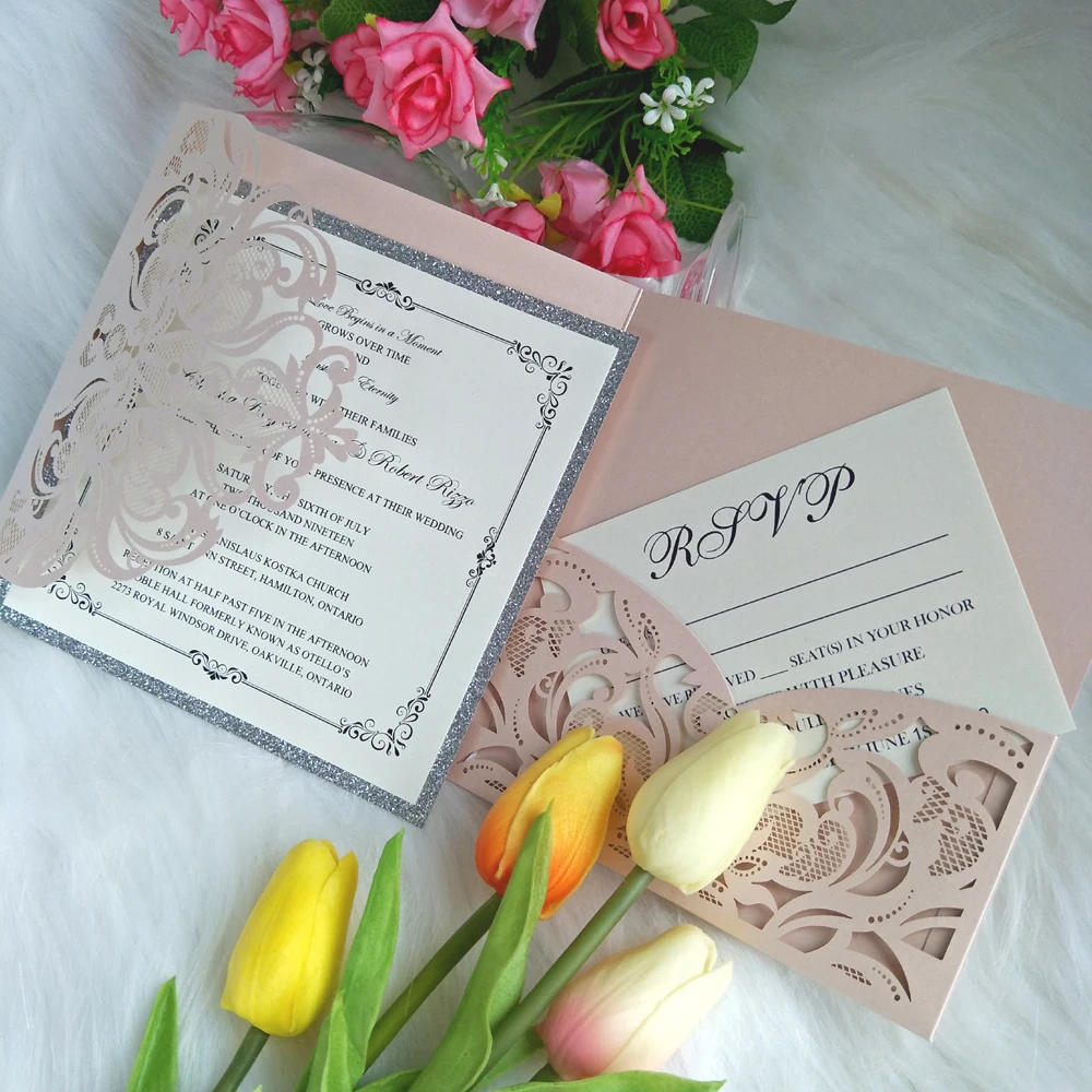 

20+Color Wedding Invitation Card with RSVP Card Light Pink Laser Cut Tri-folding Universal Invitations Quinceanera Cards