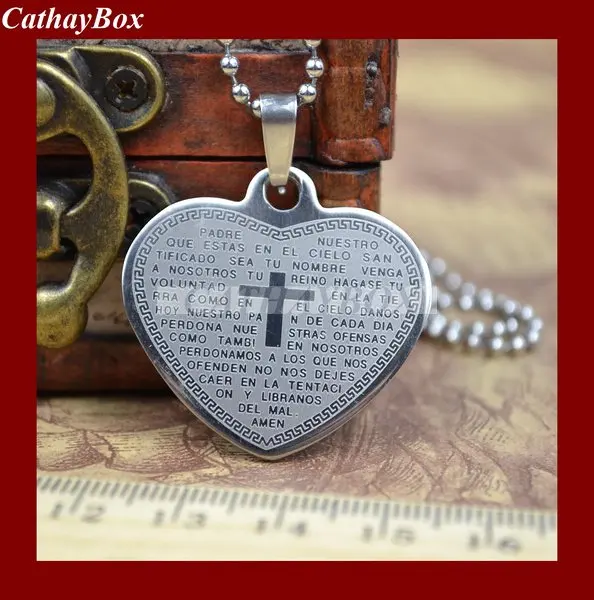 High Polished Stainless Steel Spanish Lord's Prayer Heart Charm Pendant