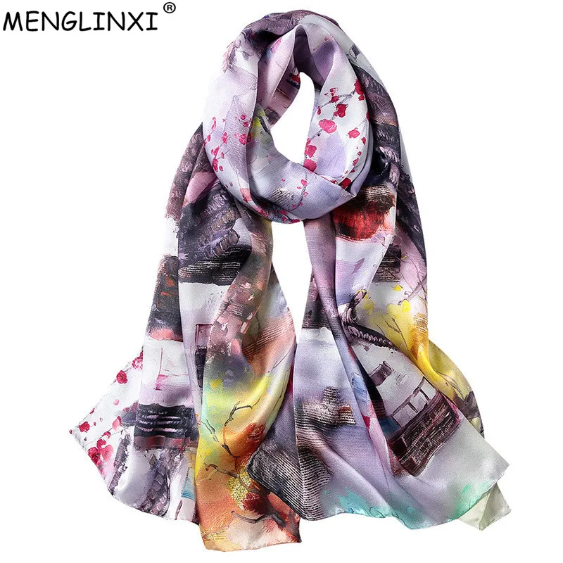 

Oil Printing 100% Silk Scarf For Women Shawl Hand-rolled Edges Pure Silk Spring Scarf Fashion Luxury Scarves Wraps Dropshipping