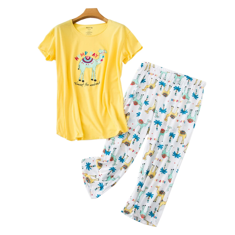 

Summer cropped trousers pajama sets women Plus size 100kg cute short sleeve cozy cotton casual homewear pyjamas for women