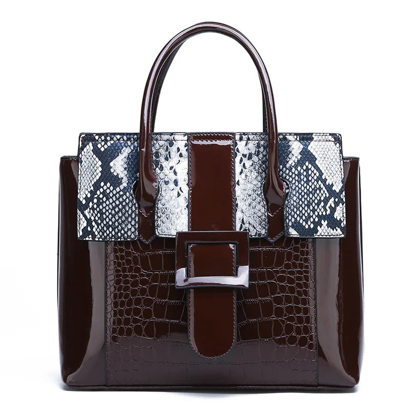 Роскошные сумки женские дизайнерские сумки из лакированной кожи Змеиный Топ-ручка сумки для женщин Пряжка через плечо Сумочка набор - Цвет: Brown