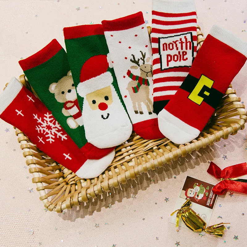 Рождественские детские теплые носки-тапочки с 2 шт./пара Снежинка Санта Клаус мелких животных ситец, подарок на Рождество для малышей, милые жаккардовые носки