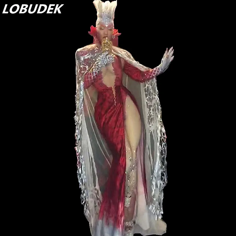 

Nightclub Women Singer Party Show Costume Star Concert Stage Outfits Sparkly Rhinestones Feathers Headgear Bodysuit Silver Cloak