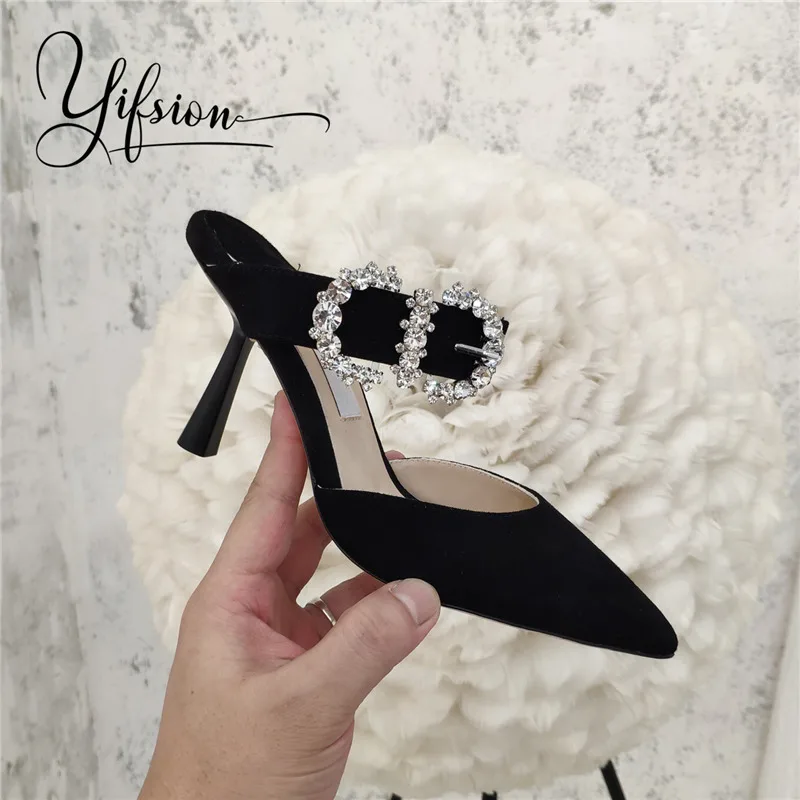 OLOME Fashion Kid Suede Summer Shoes Woman Slippers Pointed Toe Crystal Thin High Heel Women Shoes Slippers Mules Shoes Woman