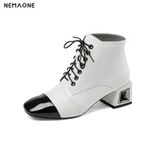 NemaoNe 100% genuine leather women boots lace up ankle boots fashion square toe high heel ladies shoes for women